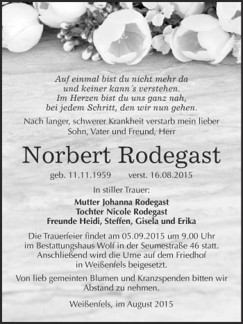 Traueranzeige von Norbert Rodegast von WVG - Wochenspiegel NMB / WSF / ZTZ