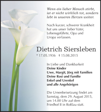 Traueranzeige von Dietrich Siersleben von WVG - Wochenspiegel Dessau / Köthen