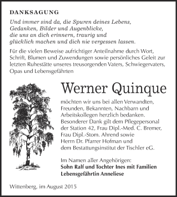 Traueranzeige von Werner Quinque von WVG - Wochenspiegel Wittenberg