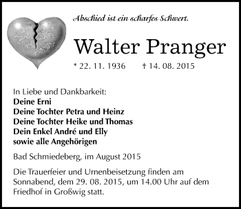Traueranzeige von Walter Pranger von Mitteldeutsche Zeitung Wittenberg