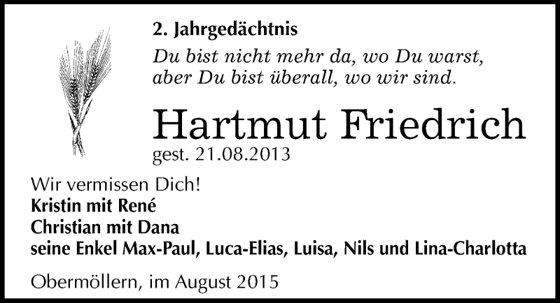  Traueranzeige für Hartmut Friedrich vom 21.08.2015 aus Mitteldeutsche Zeitung Naumburg/Nebra