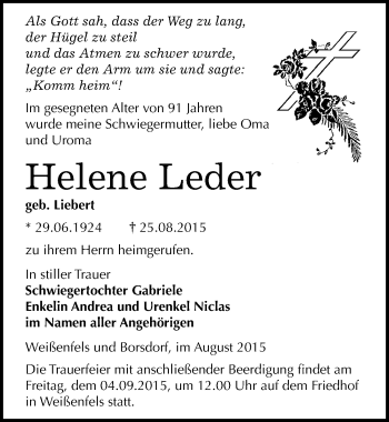 Traueranzeige von Helene Leder von Mitteldeutsche Zeitung Weißenfels