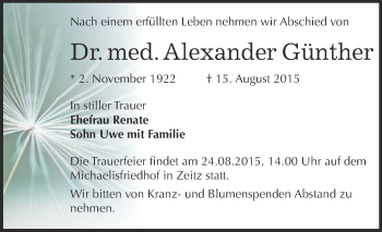 Traueranzeige von Alexander Günther von Super Sonntag Zeitz