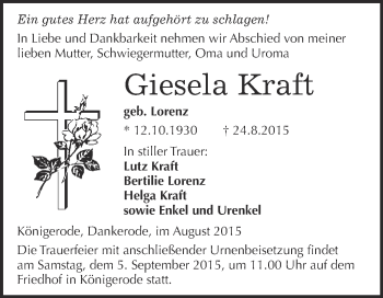 Traueranzeige von Giesela Kraft von WVG - Wochenspiegel Quedlinburg
