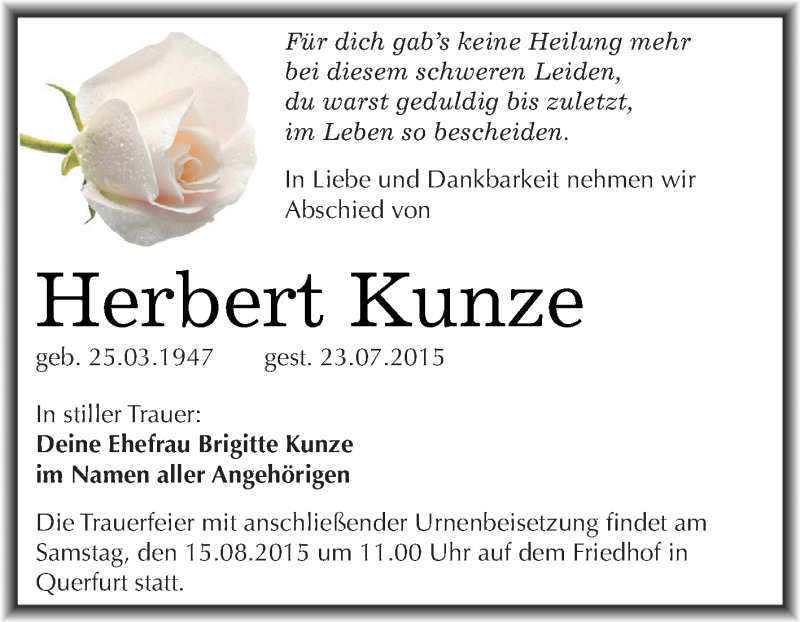  Traueranzeige für Herbert Kunze vom 08.08.2015 aus WVG - Wochenspiegel Merseburg