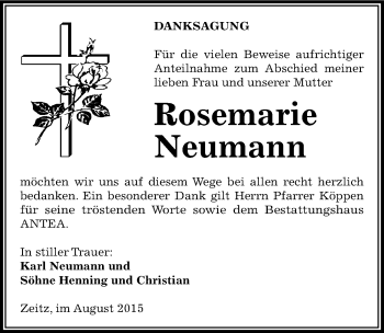 Traueranzeige von Rosemarie Neumann von Mitteldeutsche Zeitung Zeitz