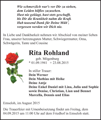 Traueranzeige von Rita Rohland von Mitteldeutsche Zeitung Sangerhausen