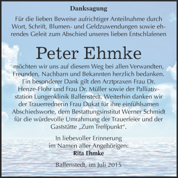 Traueranzeige von Peter Ehmke von WVG - Wochenspiegel Quedlinburg