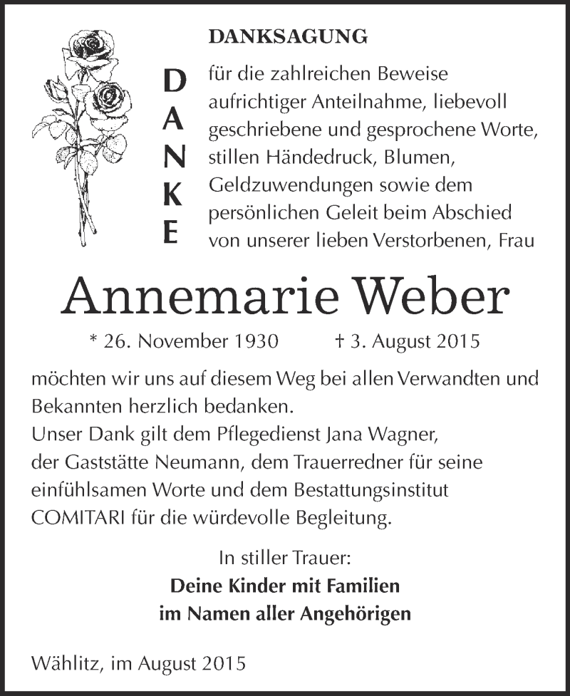  Traueranzeige für Annemarie Weber vom 19.08.2015 aus WVG - Wochenspiegel NMB / WSF / ZTZ