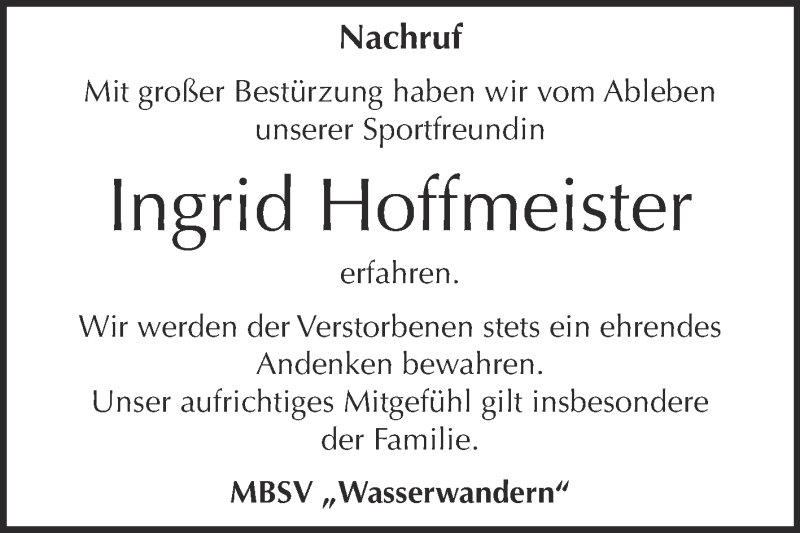  Traueranzeige für Ingrid Hoffmeister vom 08.08.2015 aus Super Sonntag Bernburg