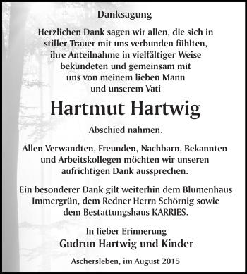 Traueranzeige von Hartmut Hartwig von WVG - Wochenspiegel Quedlinburg