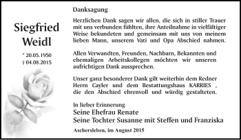 Traueranzeige von Siegfried Weidl von WVG - Wochenspiegel Quedlinburg