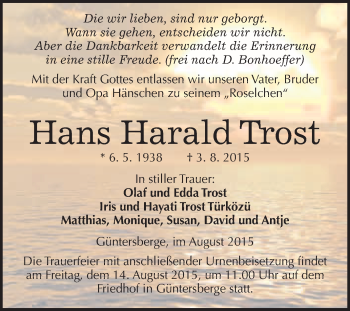 Traueranzeige von Hans Harald Trost von WVG - Wochenspiegel Quedlinburg