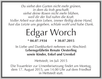 Traueranzeige von Edgar Worch von Wochenspiegel Mansfelder Land