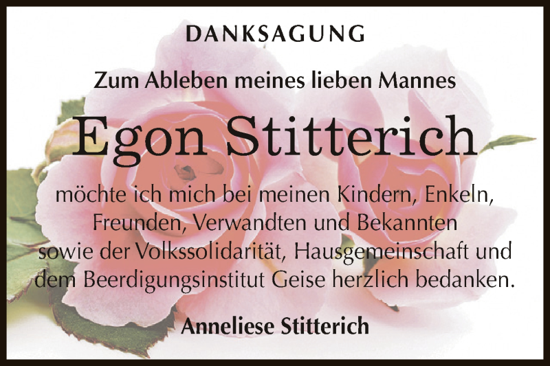  Traueranzeige für Egon Stitterich vom 08.08.2015 aus WVG - Wochenspiegel Dessau / Köthen