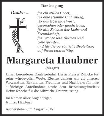 Traueranzeige von Margareta Haubner von Super Sonntag Aschersleben