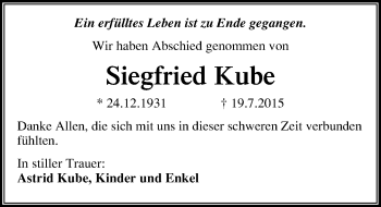 Traueranzeige von Siegfried Kube von Mitteldeutsche Zeitung Wittenberg