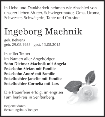 Traueranzeige von Ingeborg Machnik von WVG - Wochenspiegel Aschersleben