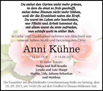 Traueranzeige von Anni Kühne von WVG - Wochenspiegel Dessau / Köthen
