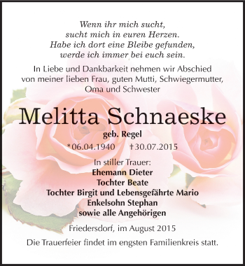 Traueranzeige von Melitta Schnaeske von Mitteldeutsche Zeitung Bitterfeld