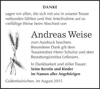 Traueranzeige von Andreas Weise von WVG - Wochenspiegel Wittenberg