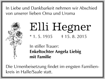 Traueranzeige von Elli Hegner von Mitteldeutsche Zeitung Sangerhausen