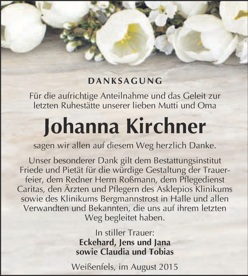  Traueranzeige für Johanna Kirchner vom 26.08.2015 aus WVG - Wochenspiegel NMB / WSF / ZTZ
