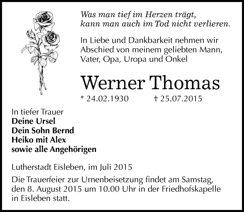  Traueranzeige für Werner Thomas vom 01.08.2015 aus Mitteldeutsche Zeitung Mansfelder Land