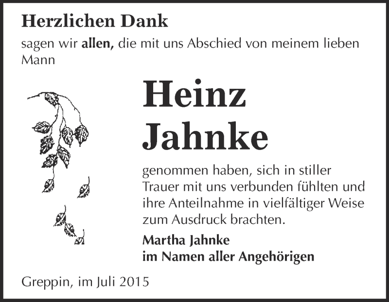  Traueranzeige für Heinz Jahnke vom 05.08.2015 aus WVG - Wochenspiegel Bitterfeld