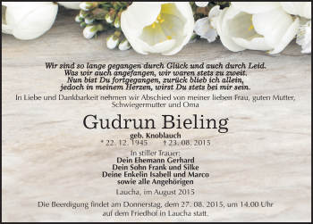 Traueranzeige von Gudrun Bieling von Mitteldeutsche Zeitung Naumburg/Nebra