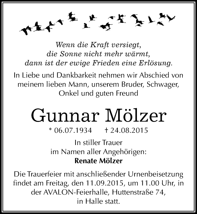  Traueranzeige für Gunnar Mölzer vom 29.08.2015 aus Mitteldeutsche Zeitung Halle/Saalkreis