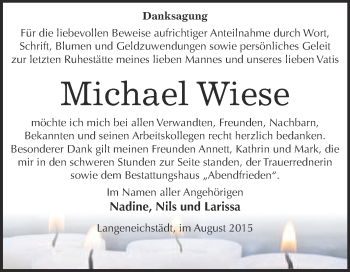 Traueranzeige von Michael Wiese von WVG - Wochenspiegel Merseburg