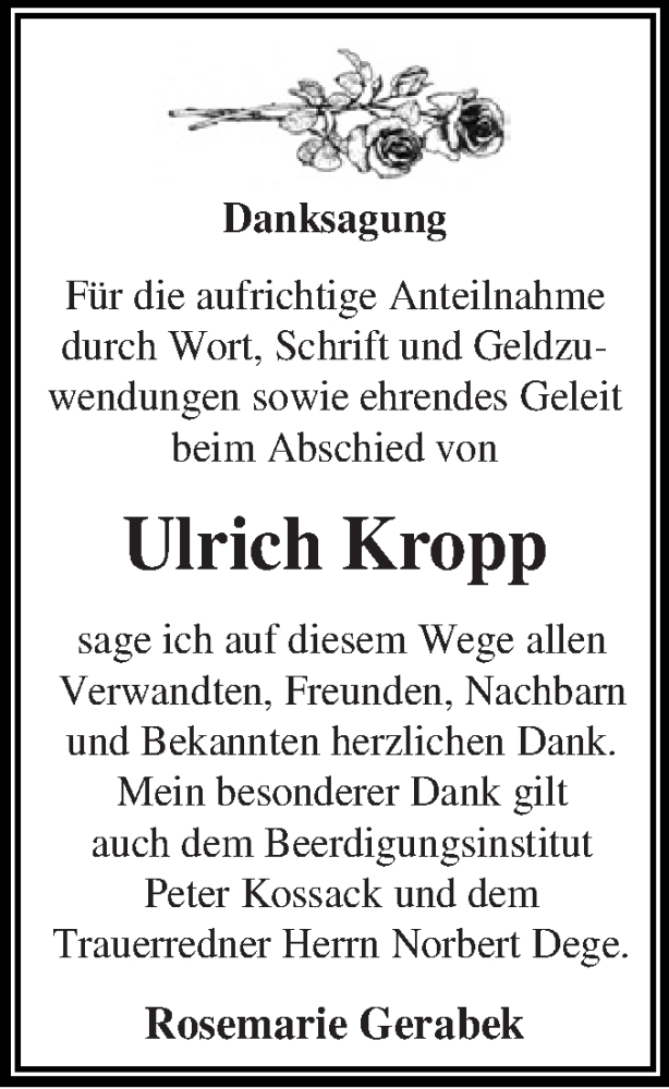  Traueranzeige für Ulrich Kropp vom 01.08.2015 aus WVG - Wochenspiegel Dessau / Köthen