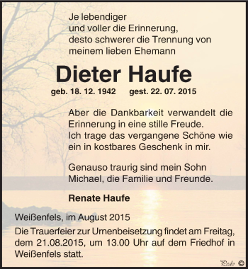 Traueranzeige von Dieter Haufe von Mitteldeutsche Zeitung Weißenfels