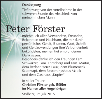 Traueranzeige von Peter Förster von Mitteldeutsche Zeitung Sangerhausen