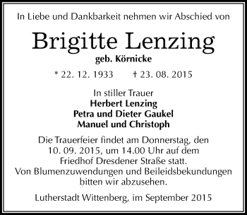 Traueranzeige von Brigitte Lenzing von Mitteldeutsche Zeitung Wittenberg