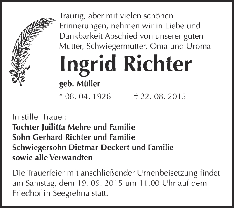  Traueranzeige für Ingrid Richter vom 29.08.2015 aus WVG - Wochenspiegel Wittenberg