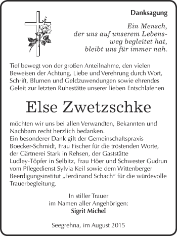 Traueranzeige von Else Zwetzschke von WVG - Wochenspiegel Wittenberg