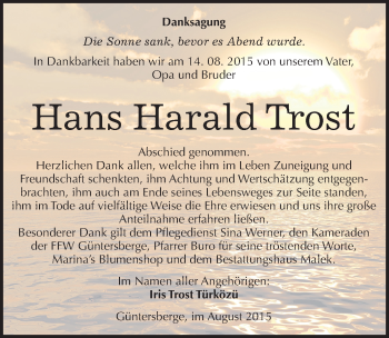 Traueranzeige von Hans Harald Trost von Mitteldeutsche Zeitung Quedlinburg