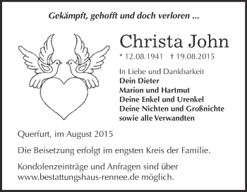 Traueranzeige von Christa John von Wochenspiegel Mansfelder Land