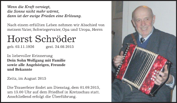Traueranzeige von Horst Schröder von Super Sonntag Zeitz