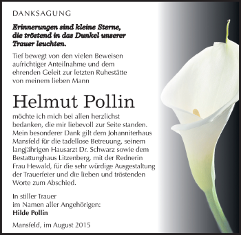 Traueranzeige von Helmut Pollin von Mitteldeutsche Zeitung Mansfelder Land