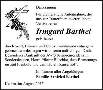 Traueranzeige von Irmgard Barthel von Mitteldeutsche Zeitung Sangerhausen