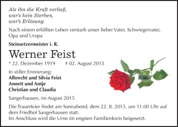 Traueranzeige von Werner Feist von Mitteldeutsche Zeitung Sangerhausen