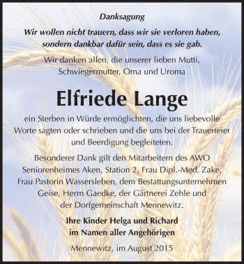 Traueranzeige von Elfriede Lange von Mitteldeutsche Zeitung Köthen