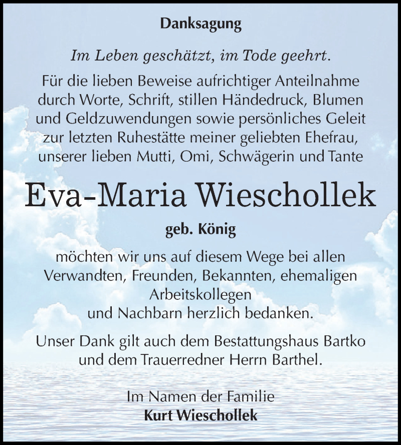  Traueranzeige für Eva-Maria Wieschollek vom 29.08.2015 aus WVG - Wochenspiegel Dessau / Köthen