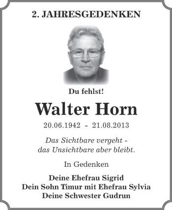 Traueranzeige von Walter Horn von WVG - Wochenspiegel Dessau / Köthen