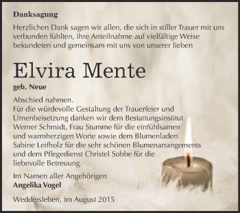 Traueranzeige von Elvira Mente von WVG - Wochenspiegel Quedlinburg