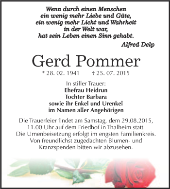 Traueranzeige von Gerd Pommer von WVG - Wochenspiegel Bitterfeld