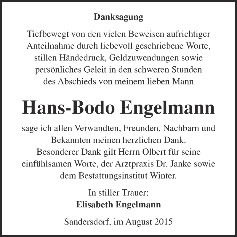  Traueranzeige für Hans-Bodo Engelmann vom 12.08.2015 aus WVG - Wochenspiegel Bitterfeld